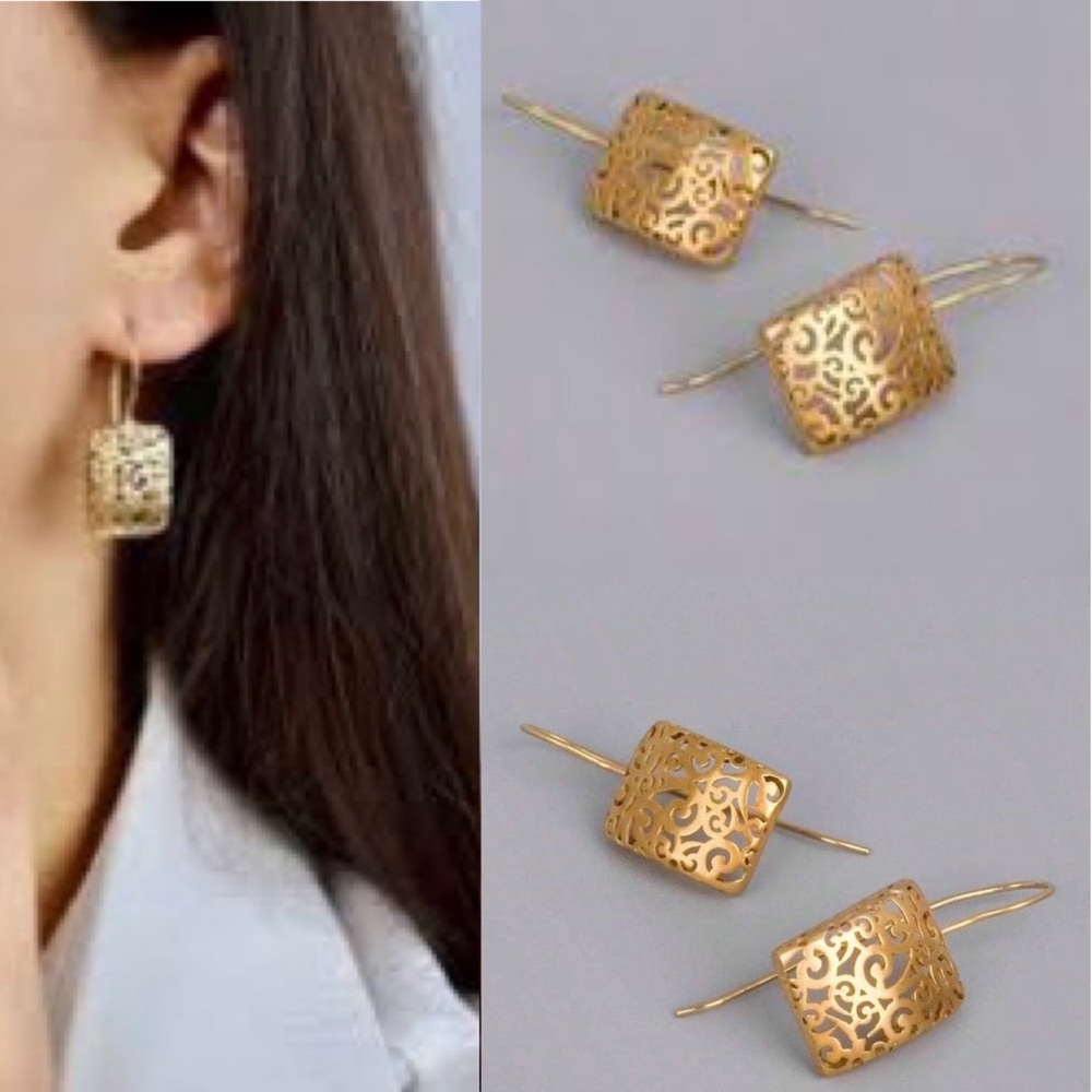 14k Gold Plated Celtic Filigree Rectangle Drop Earrings - Picture 2 of 12